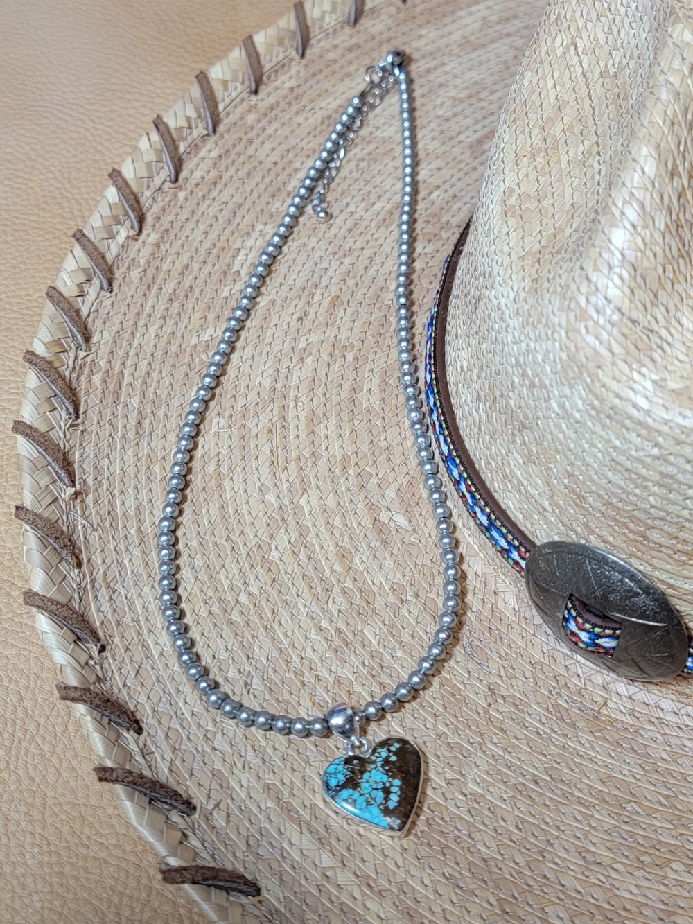 Turquoise Heart Silver Bead Necklace - Artisian